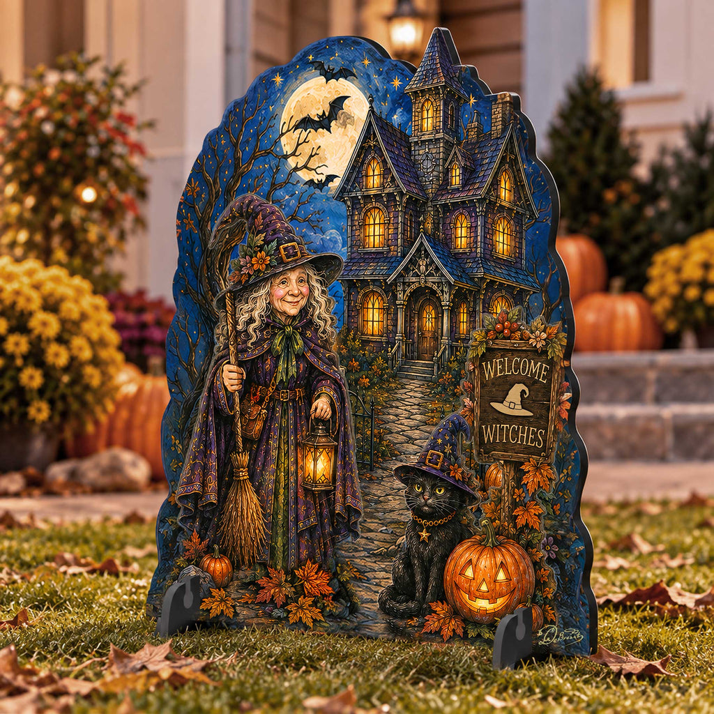 Welcome Witches Haunted House Wooden Halloween Freestanding Decoration by G. DeBrekht – 8652909F