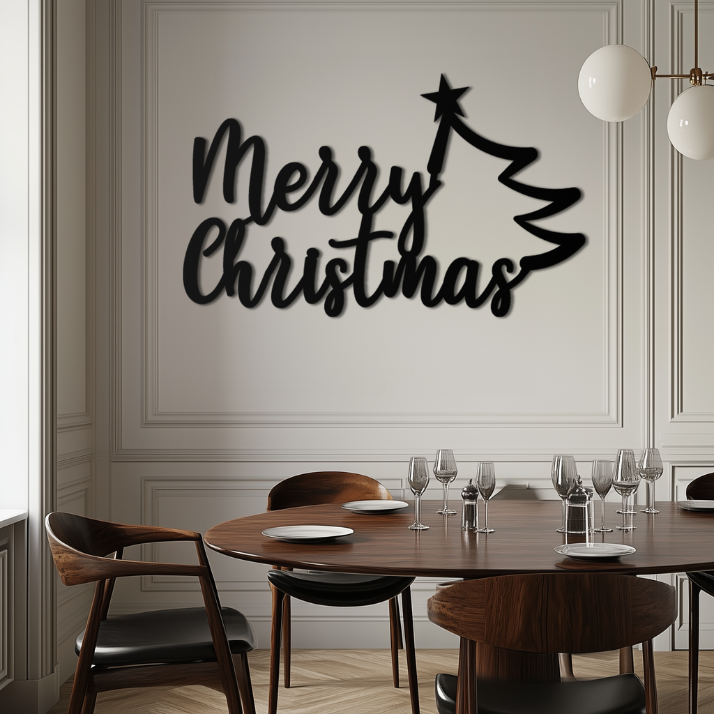 Merry Christmas Tree Metal Wall Art - Holiday Season Script Steel Decor- KAF316