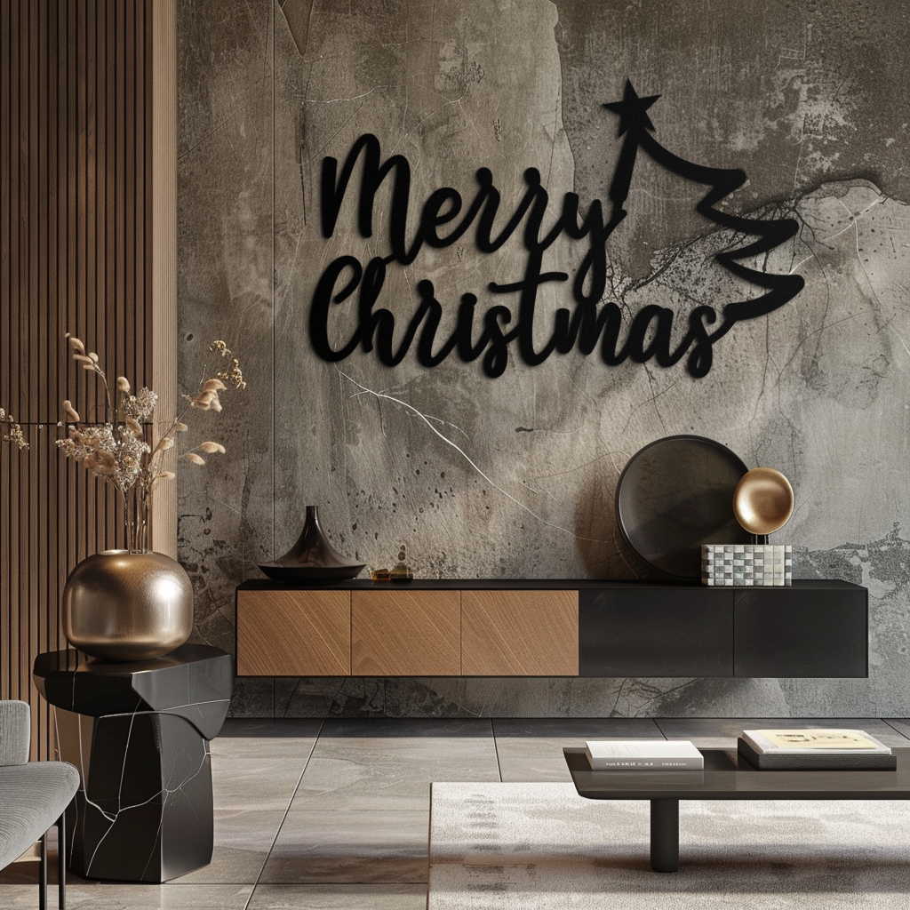 Merry Christmas Tree Metal Wall Art - Holiday Season Script Steel Decor- KAF316