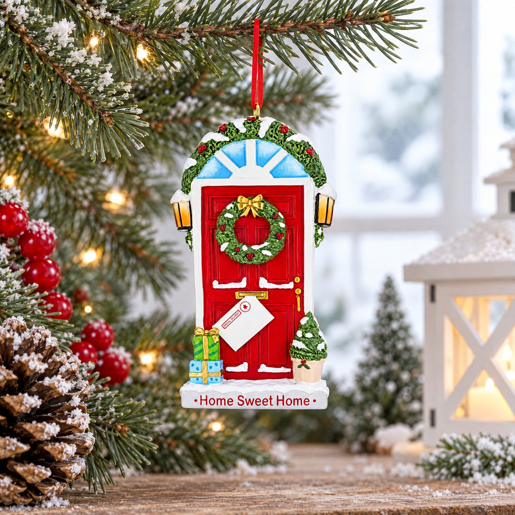Home Sweet Home Red Door Wreath Resin Christmas Ornament