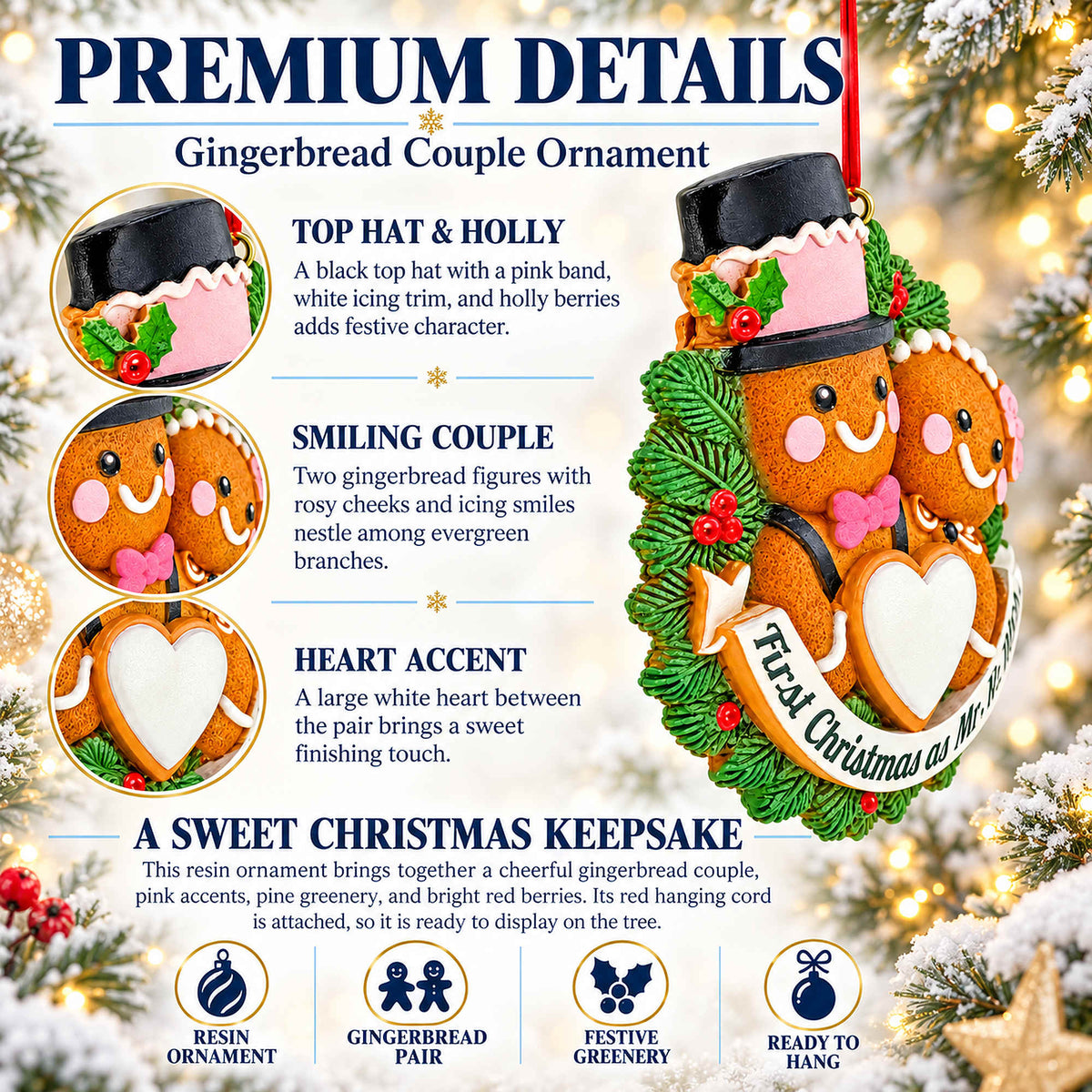 Mr & Mrs First Christmas Couple Gingerbread Wreath Resin Christmas Ornament