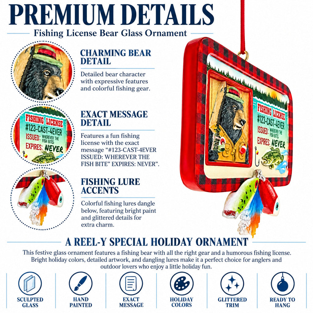 Bear's Fishing License With Lures Resin Christmas Ornament