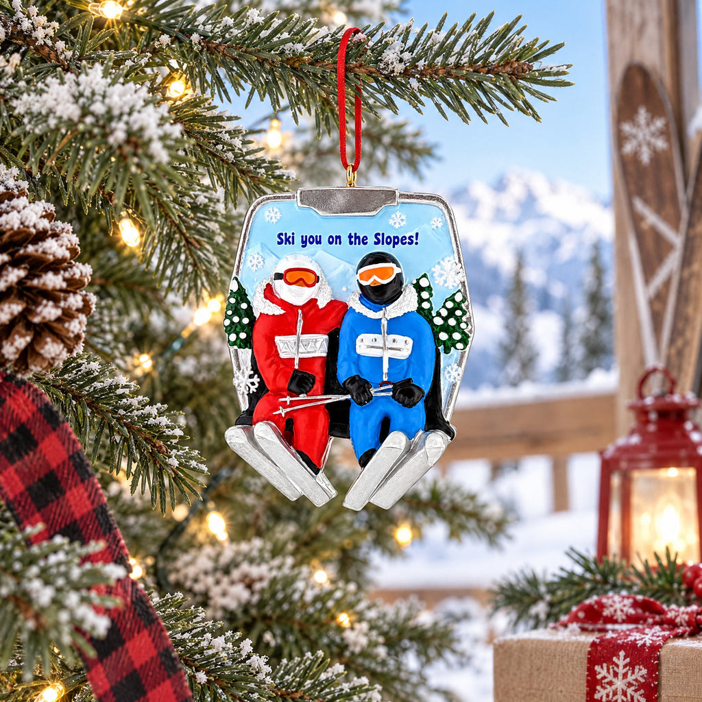 Skiers Couple On Chairlift Resin Christmas Ornament
