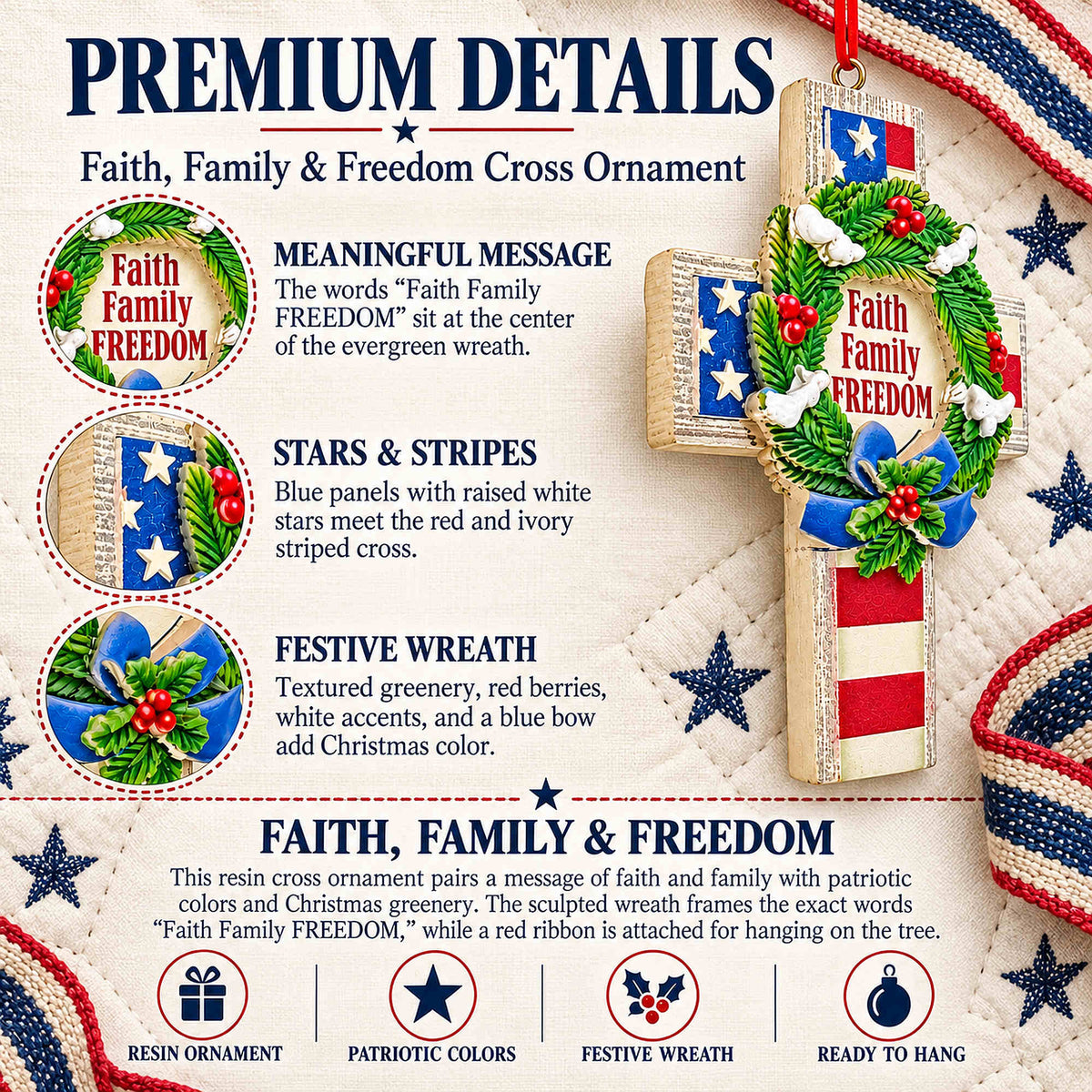 American Flag Patriotic Cross Faith Family Freedom Resin Christmas Ornament