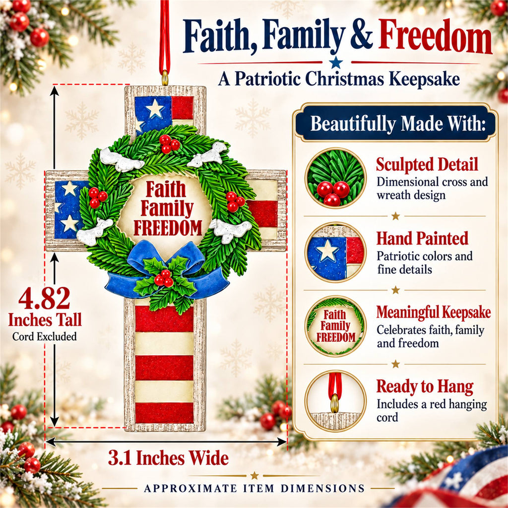 American Flag Patriotic Cross Faith Family Freedom Resin Christmas Ornament