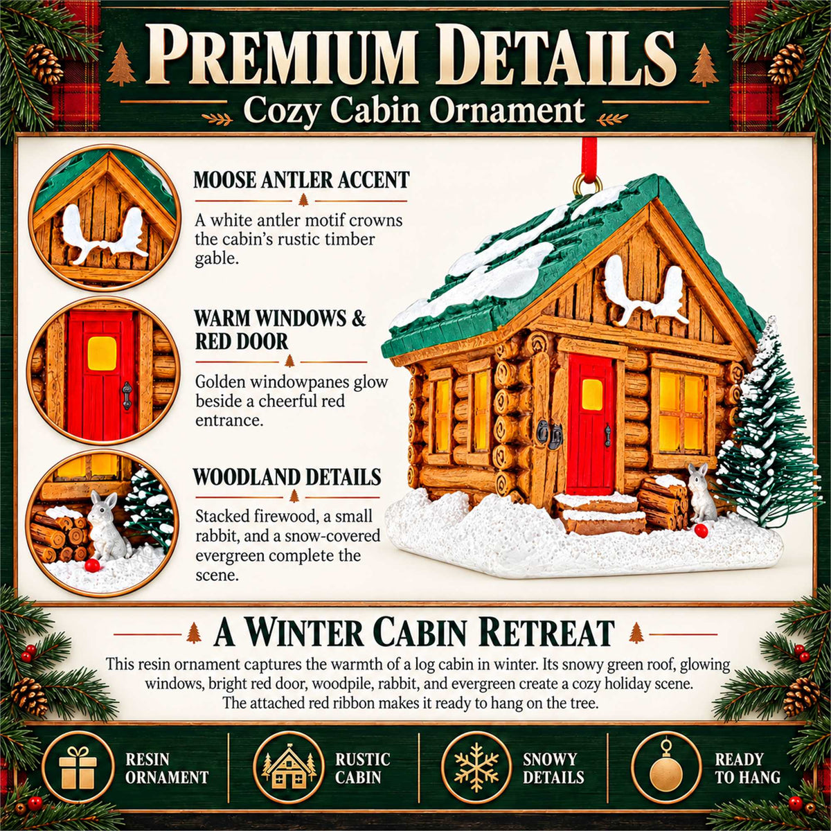 Winter Log Cabin Pine Tree And Antlers Resin Christmas Ornament