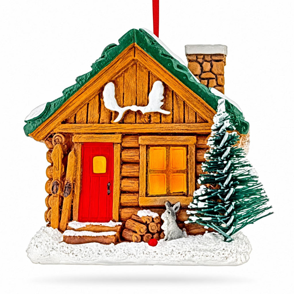 Winter Log Cabin Pine Tree And Antlers Resin Christmas Ornament