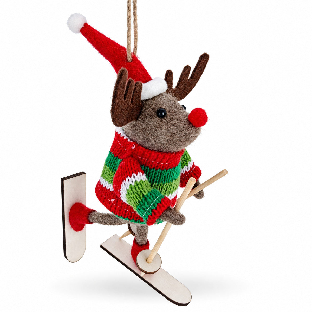 Skiing Reindeer Red Santa Hat Felt Fabric Christmas Ornament