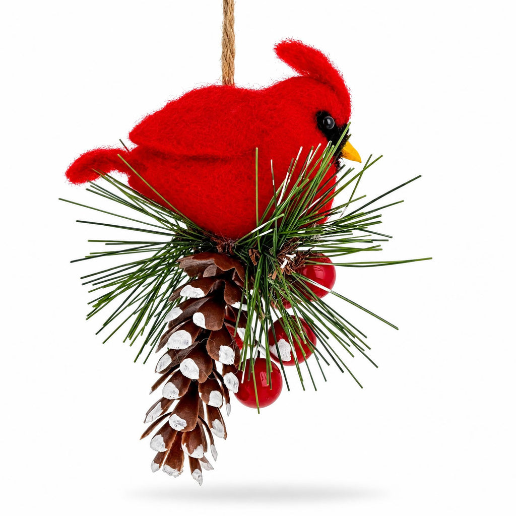 Red Cardinal On Snowy Pinecone Felt Fabric Christmas Ornament