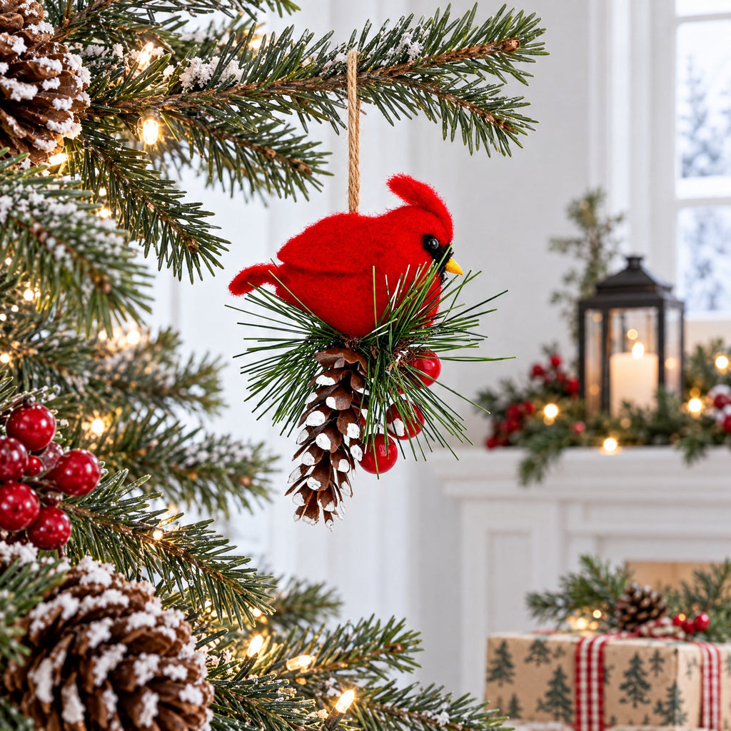 Red Cardinal On Snowy Pinecone Felt Fabric Christmas Ornament