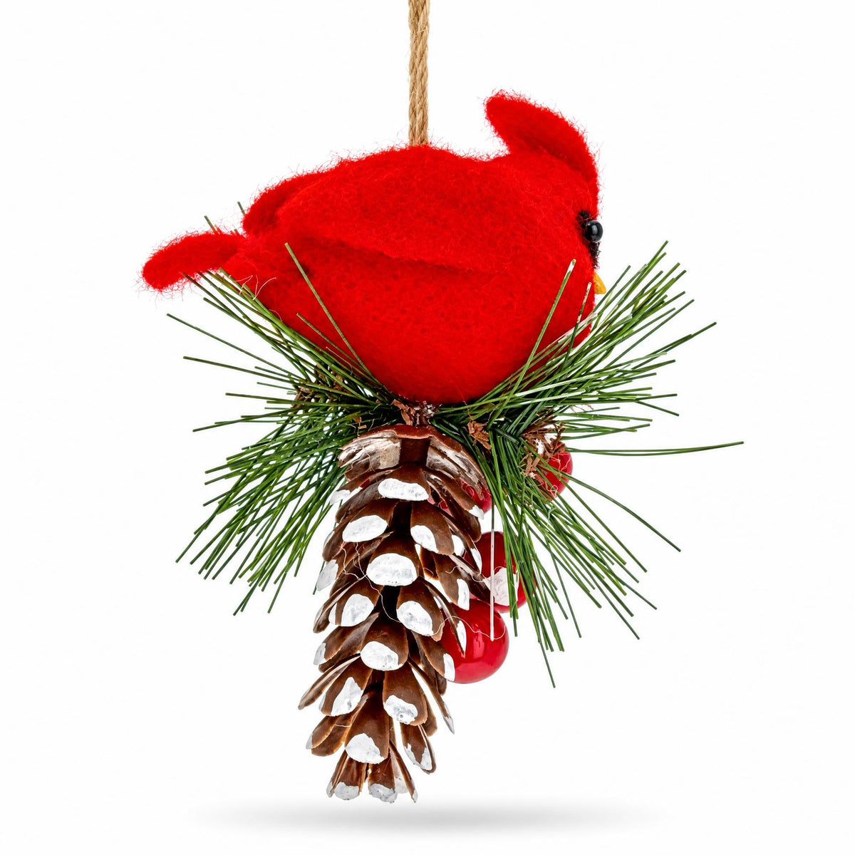 Red Cardinal On Snowy Pinecone Felt Fabric Christmas Ornament