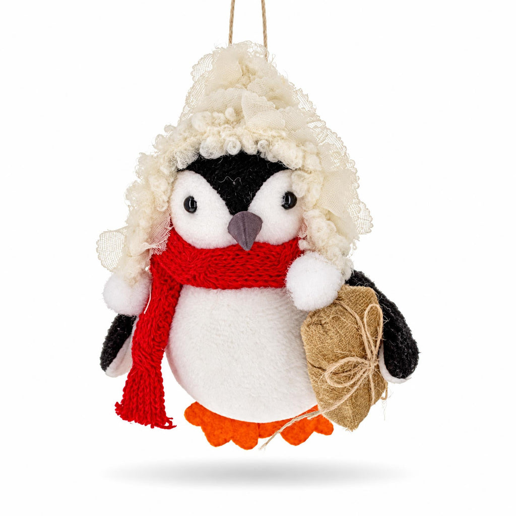 Penguin Holding Burlap Gift Felt Fabric Christmas Ornament