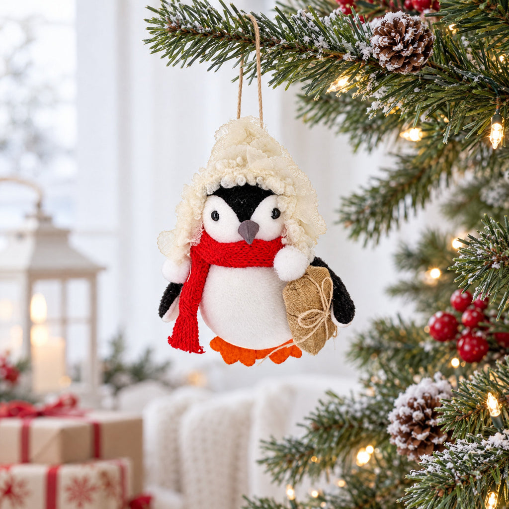 Penguin Holding Burlap Gift Felt Fabric Christmas Ornament