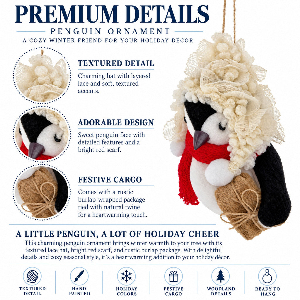 Penguin Holding Burlap Gift Felt Fabric Christmas Ornament