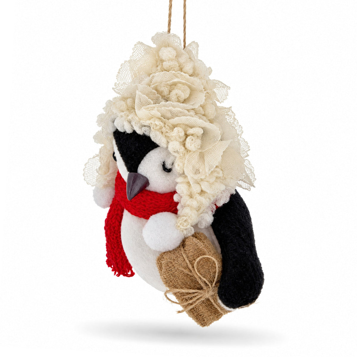 Penguin Holding Burlap Gift Felt Fabric Christmas Ornament