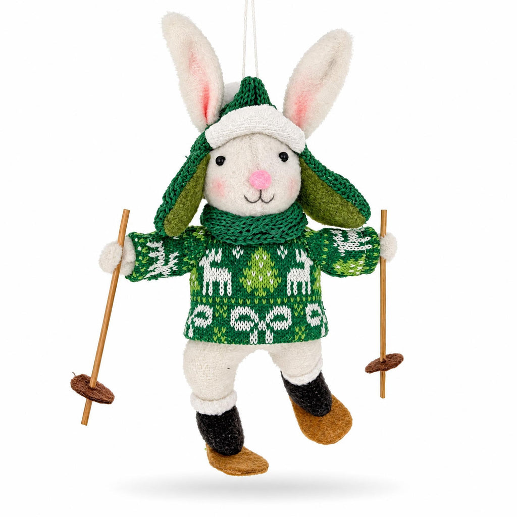 Skiing White Bunny Felt Fabric Christmas Ornament