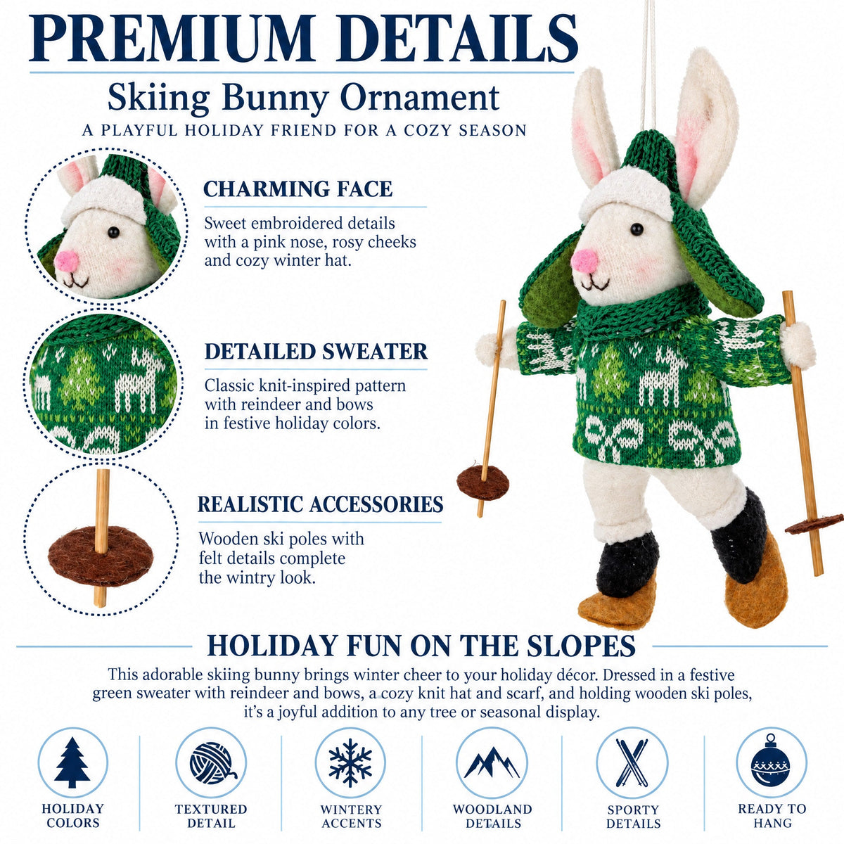 Skiing White Bunny Felt Fabric Christmas Ornament