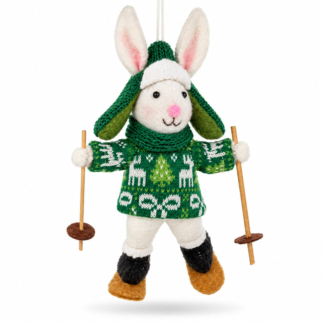 Skiing White Bunny Felt Fabric Christmas Ornament