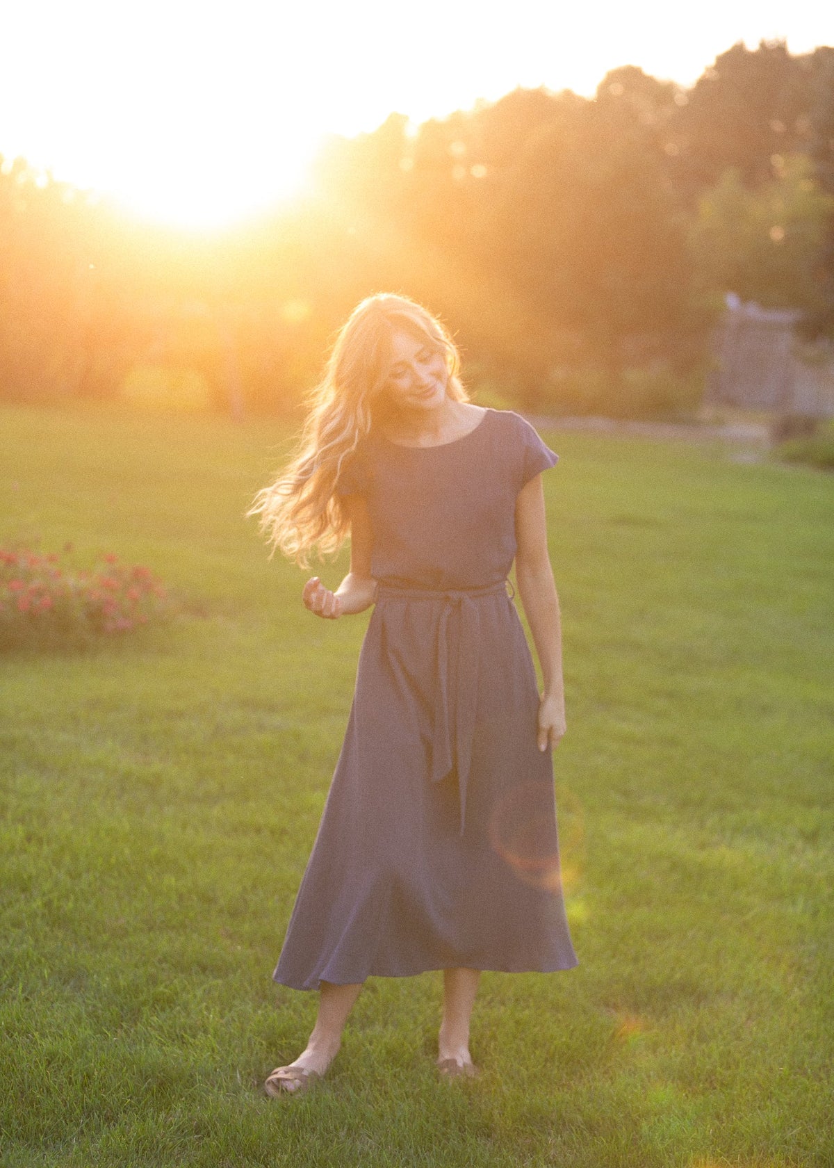 Lily Navy Gauze Belted Midi Dress